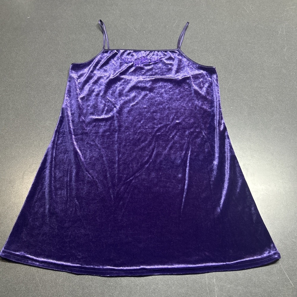 VTG Angelique Velvet Slip Dress Nightie M Purple Embroidered Mini Fairy Y2K